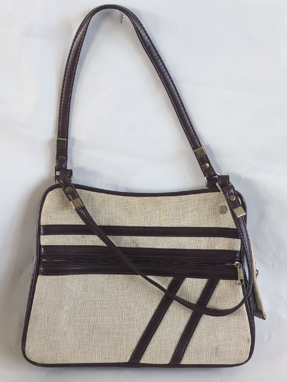 Vintage Beige Canvas Shoulder Bag with Dark Brown Trim